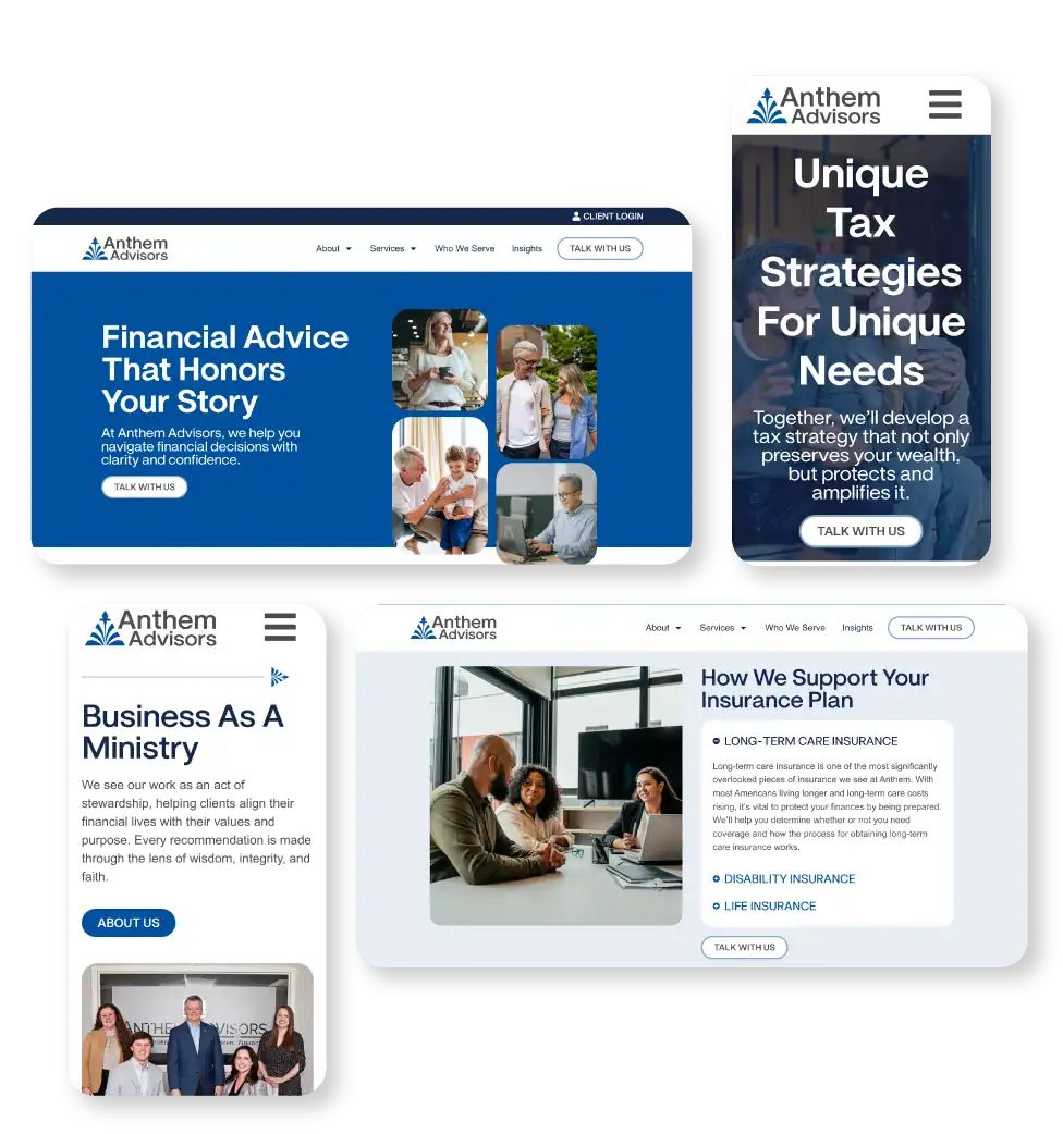 Anthem Advisors website mockups. Both desktop and mobile