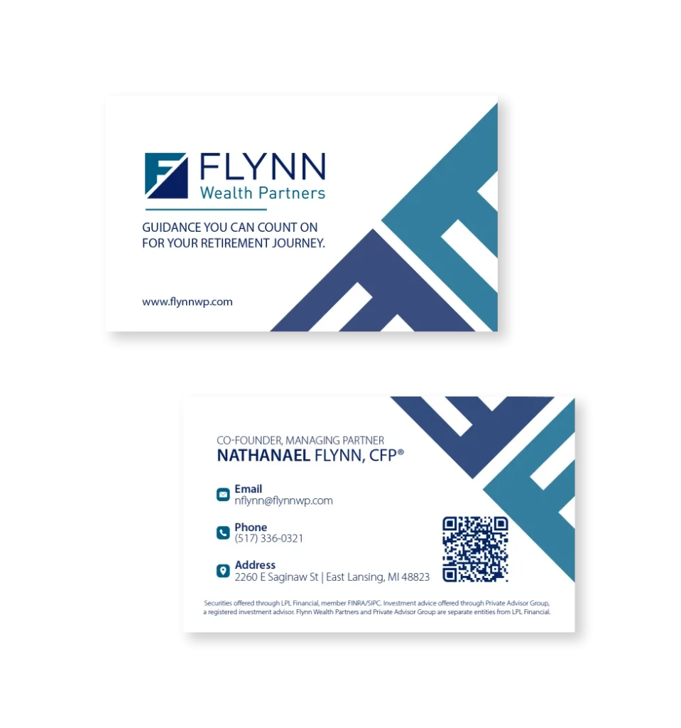 Flynn Wealth Business cards. Written and designed by Hughes Integrated.