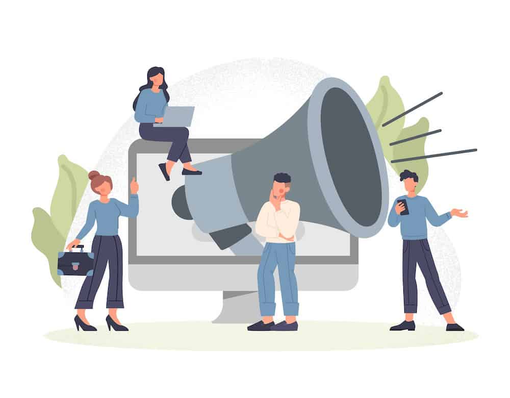 People with megaphone. Metaphor for promoting goods and services on Internet, modern technology. Marketing department, teamwork. Join our team, recruitment concept. Cartoon flat vector illustration