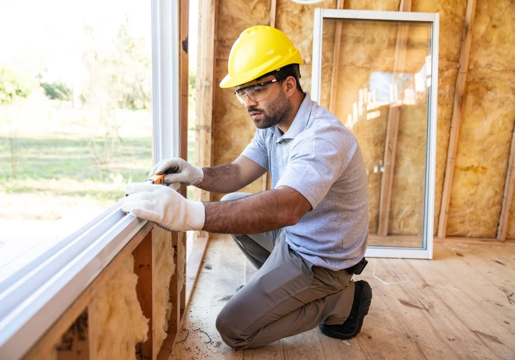 Window installation in wooden house under construction