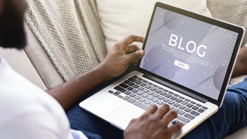 Professional blogger working on his new post for social media at home, close up. Creative collage. Panorama