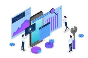SEO concept. Idea of search engine optimization for website as marketing strategy. People make web page promotion in the internet. Isolated vector isometric illustration