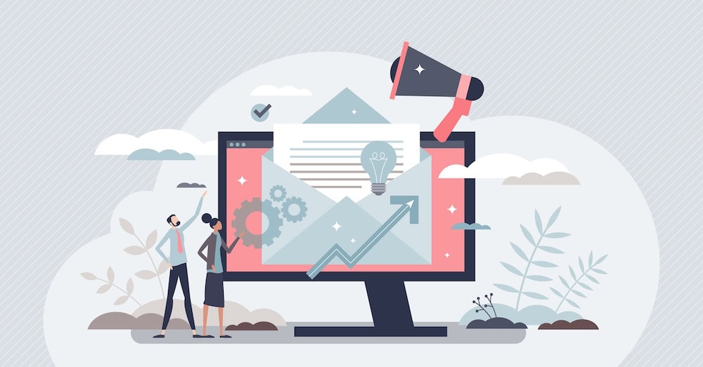 Email marketing and business newsletter advertising tiny person concept. Digital communication and send letters with company news content vector illustration. Receive ads as offer promotion strategy.